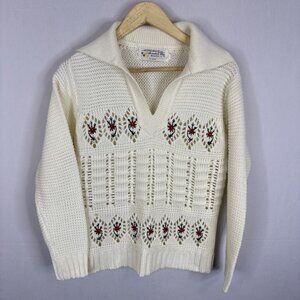 Vintage Hand Knit Floral Nordic Sweater Women’s L Fits S/M Cream Crochet